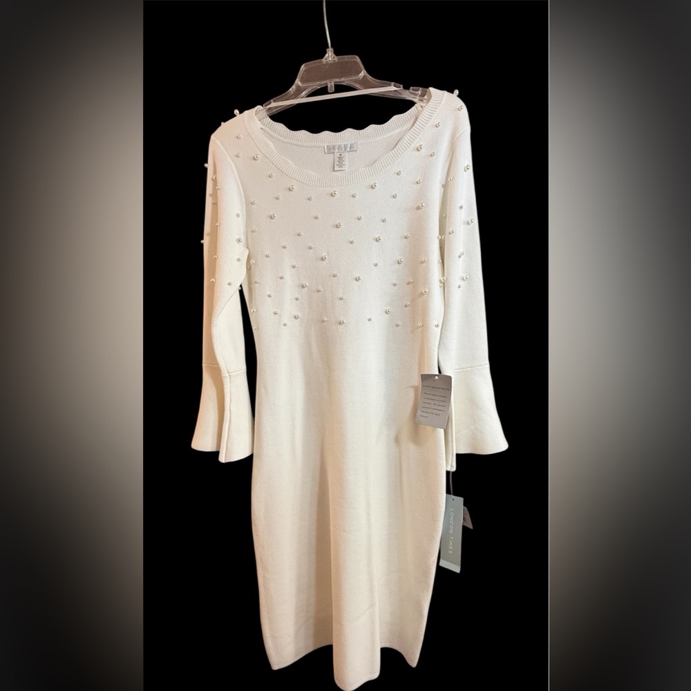 London Times NWT Elegant, white sweater dress with pearl bodice. Stunning Sz Med - Picture 4 of 15